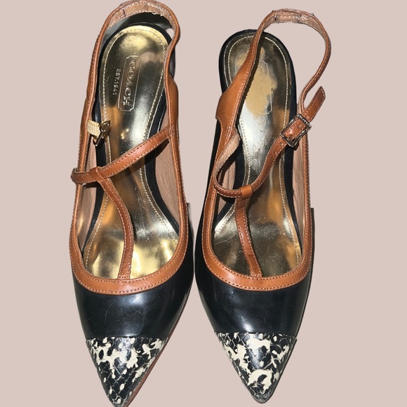 COACH Frankie Wood Block Heels w/ Snakeskin - Picture 2 of 6